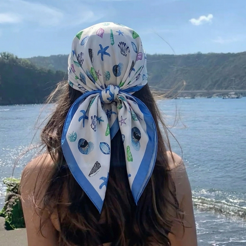 Head Wrap Turban - Women Silk Feeling Square Scarf Ocean