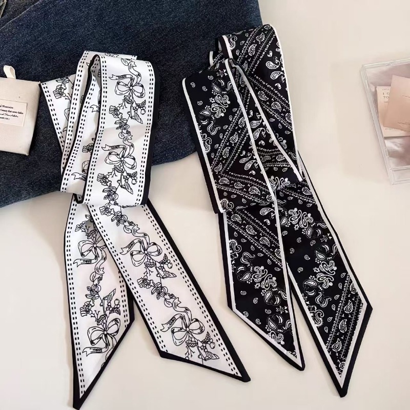 Head Wrap Turban - Black White Double Sided Paisley Long