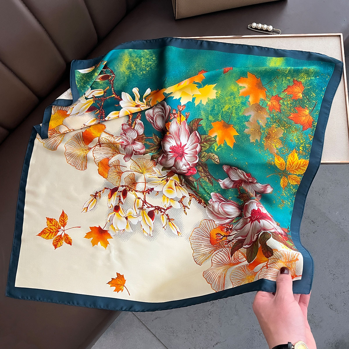 Silk Neck Scarf - 70*70cm Floral Print Head Scarf Women