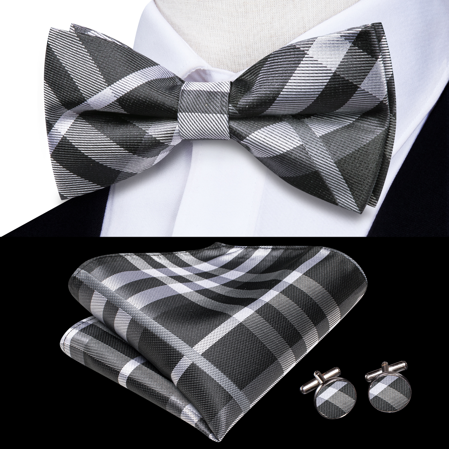 Hi-Tie Grey Plaid Jacquard Sil - Bow Tie Pre Tied 리뷰 및 가격